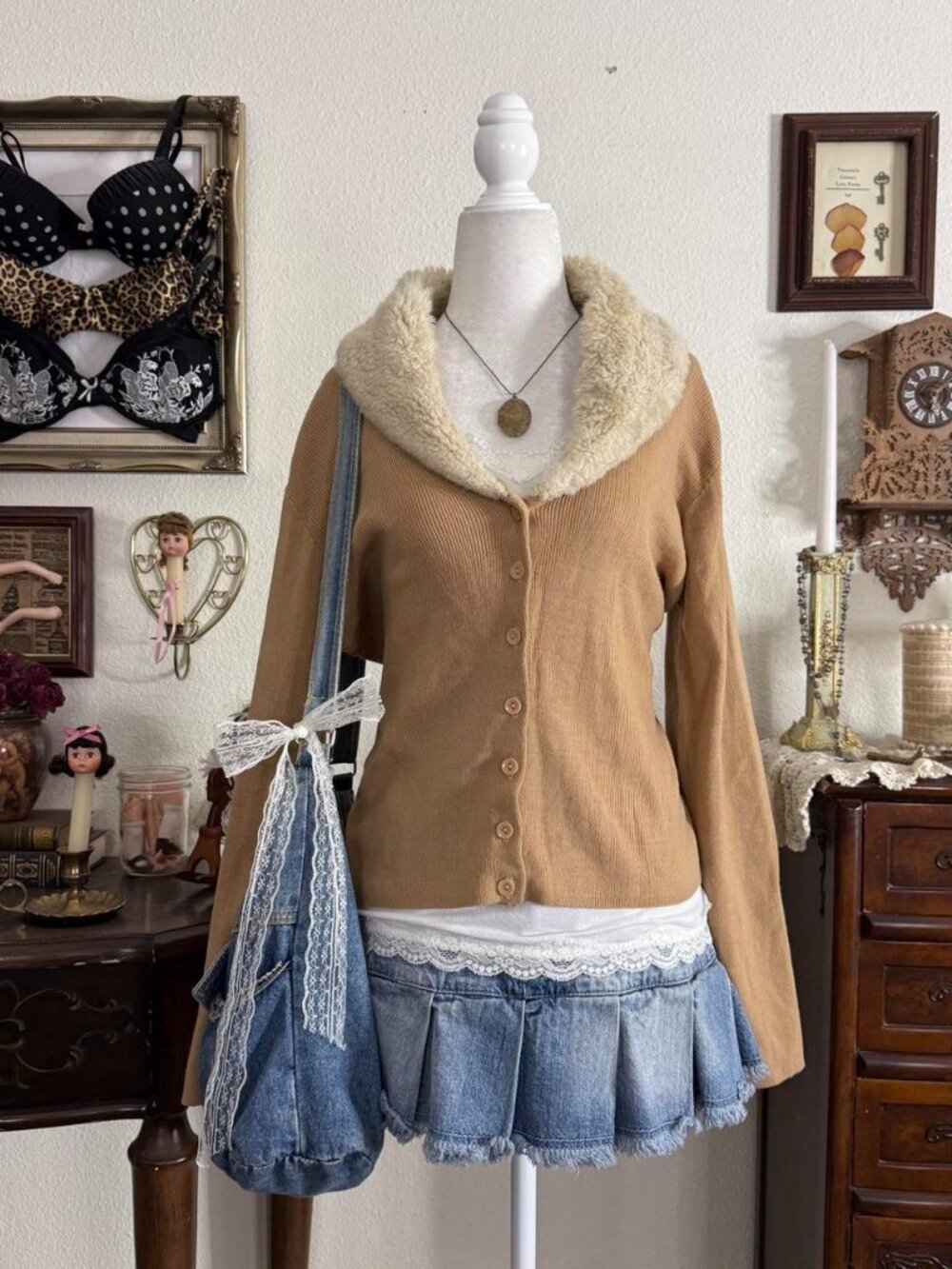 Y2k cozy tan brown ribbed cardigan w faux fur collar